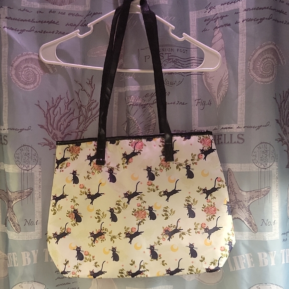 Handbags - Sailor Moon Cat and Floral Print Tote Bag - Black and Cream, EUC